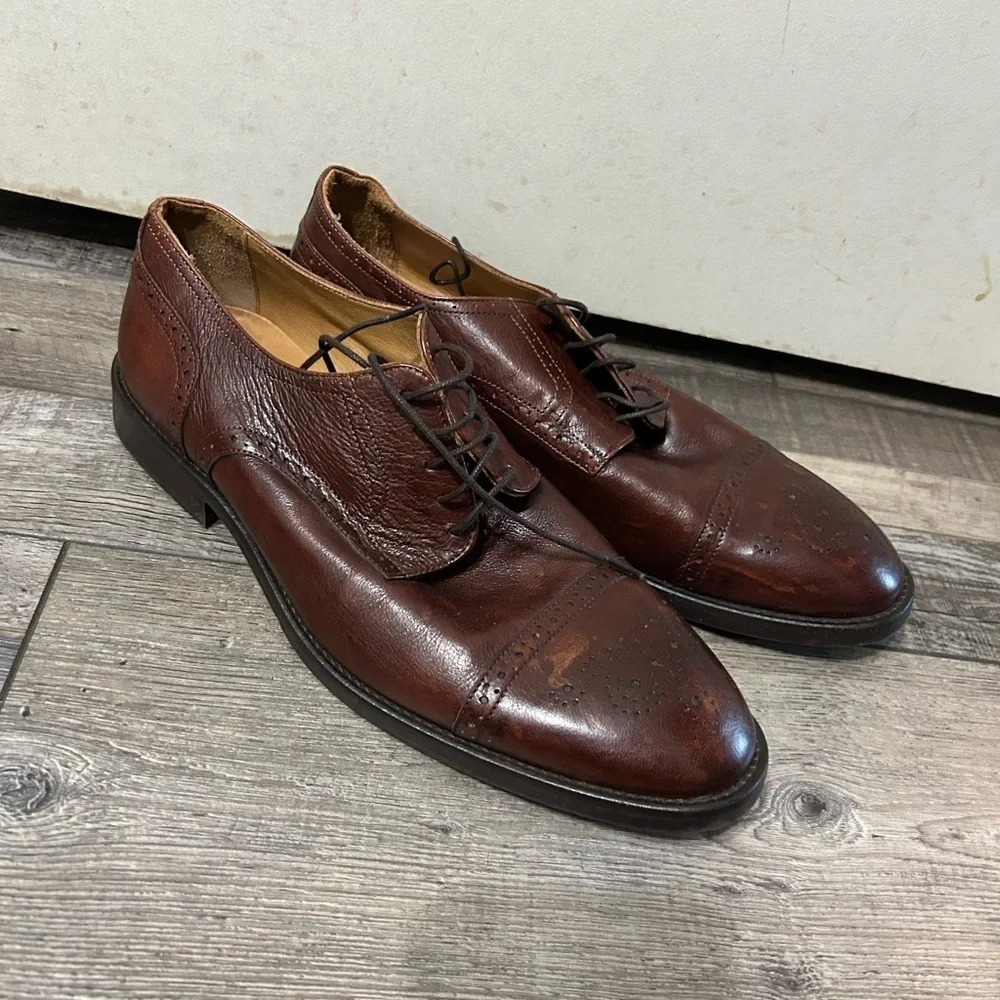 Hadley London Shoes Size 11 Semi Brogue Oxfords Soft Brown Leather Laces Mens